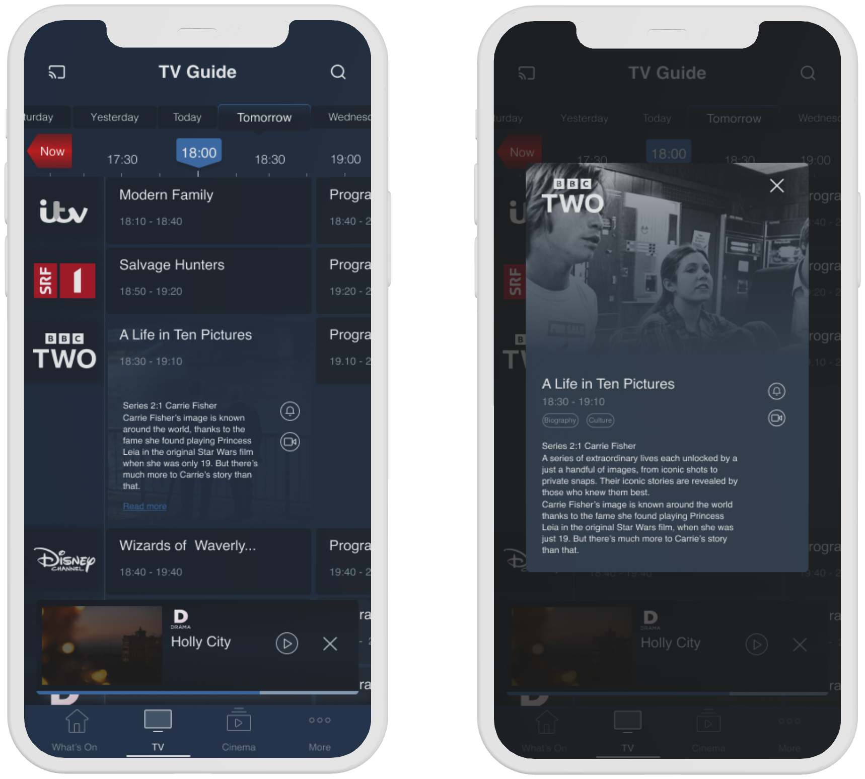 Expansion panel with quick actions (left) and full programme details modal (right)